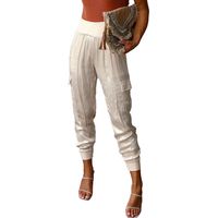 Pantalon de jogging en satin pour femme, taille haute élastique, poches multiples, coupe fuselée, couleur champagne XL