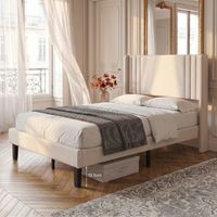Cama individual de 90 x 200 cm - Cabecero tapizado con alas laterales - Estructura de tela - Somier de láminas - Diseño silencioso - Espacio de almacenamiento bajo la cama
