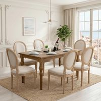 Lot de 6 Chaises en Bois Massif - Dossier confortable en lin, finition vieillie (patinée) - assise rembourrée - style campagnard, beige