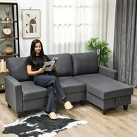 Divano letto 3 posti con chaise longue et coffre de rangement, tissu effet lin, 197x129x85 cm, gris anthracite