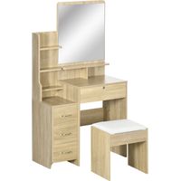 Coiffeuse avec tabouret, miroir, 4 tiroirs, 4 compartiments, style moderne, 80 x 38 x 143 cm, naturel