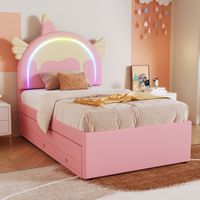 Kinderbett 90x200cm Einhorn-Design mit Ausziehschubladen, PU-gepolstert, rosa (Matratze nicht enthalten)