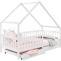 Idimex – Lit cabane asymétrique 90 x 200 cm – Tiroirs de rangement – Pin massif lasuré blanc – Barrières de protection incluses