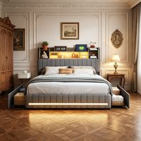 Großes Bett 140 x 190 cm mit 4 Schubladen, Kopfteil mit Ablage, LED-Beleuchtung, USB-Ladeanschluss, leinenbezogenem Doppelbett und Lattenrost aus Holz