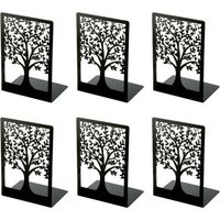 6 Pack Black Metal Book Ends with Tree of Life Design for Office, School, Home, Library, 18 x 12 x 8 cm