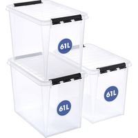 SmartStore Scatole portaoggetti grandi in plastica con coperchio, 61 l, confezione da 3, rinforzate, trasparenti, 10 anni, sicure per alimenti, con chiusura a clip, impilabili e impilabili, 59 x 39 x