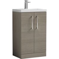 Nuie Arno Compact Floor Standing 2-Door Vanity Unit with Polymarble Basin 500mm Wide - Solace Oak Woodgrain