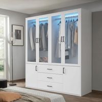 Schlafzimmerschrank mit LED – 160 x 51,8 x 182 cm – Aufbewahrungsmöbel mit 4 Glastüren mit LED und 3 Schubladen – Weiß