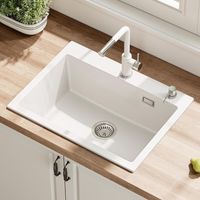 HOROW Granite Composite Kitchen Sink, White Single Bowl 60x45 cm, Scratch & Stain Resistant, Self-Healing Surface, Integrated Push-to-Seal No Extra Plug, with Fittings & Overflow