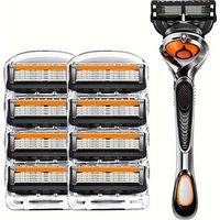 Five-blade stainless steel manual razor with scratch-resistant handle, effective facial cleaning tool, includes 1 razor handle and 8 replacement blades
