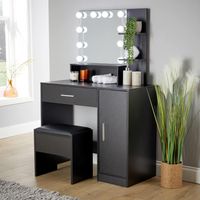 Black Bedroom Dressing Table with Stool LED Lights Vanity Makeup Desk Mirror Set