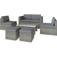 Divano 6pz con 2 Sedie, Tavolino con Piano in Vetro, 2 Pouf Grigio Scuro