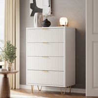 Chiffonnier blanche 5 tiroirs en MDF - Dimensions 60 x 34 x 91 cm avec 4 Tiroirs à Motif Vagues, Style Moderne, Pieds et Poignées en Métal -Design anti- Rangement optimal