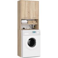 Meuble colonne salle de bain 64 cm – 2 portes battantes – 4 étagères – Panneau stratifié Chêne Sonoma – Hauteur 180 cm – Profondeur 30 cm – Abamihome