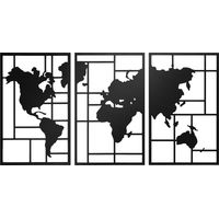 Carte du Monde Métal 3 Pièces Décor Murale pour Salon Chambre Couloir, 50 x 80 cm, Noir