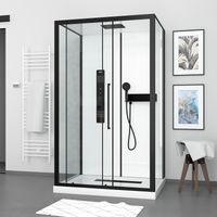 Aurlane – Cabine de douche 115x90x210 cm – Receveur bas 7,5 cm – Douche pluie, hydromassage, douchette – Grille linéaire en aluminium noir mat