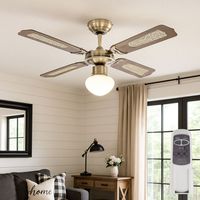 Deckenventilator mit Zugschalter Ventilatorlampe Decke 3 Stufen Ventilator mit Fernbedienung Deckenleuchte, Vor-Rücklauf, Eiche Geflecht Glas, 1x LED 3,7W 320lm warmweiß, D 106,6 cm