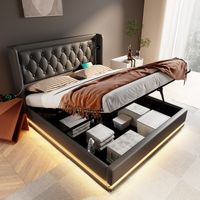 Cama almacenaje 140x200 cm con carga USB-C e iluminación LED en PU negro (Sin Colchón)