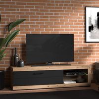 Mueble para TV Pompu, 2 estantes, una puerta, estante de vidrio, 162x42x44h cm Negro