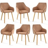Minimalist dining chairs with comfortable backrests, ergonomic armrests and sturdy wooden legs – Set of 6 - Brown-Chenille