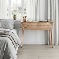 Schreibtisch/Konsolentisch im Mid-Century-Modern-Stil, mit Schubladen und offenen Regalen, Vintage-Design, geeignet für Wohnzimmer, Foyer & Flur, Eichenfarbe