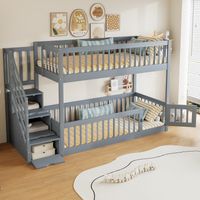 Lit superposé pour enfants 90x200 cm, garde-corps sécurisant, rangement dans l’escalier et espace de jeu sous lit, Gris