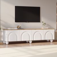 Meuble TV Blanc et bois 180x40x45 cm avec 4 portes cintrées,6 pieds en métal à boule,buffet bas et table TV Moderne