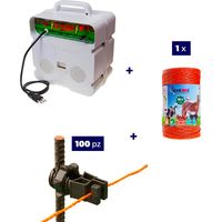 Kit completo per recinto elettrico con 1 x Elettrificatore 220V + 1 x Filo 500 MT 4 Mm² + 100 pezzi isolatori per paletti in ferro - Recinzione Elettrica Rete Elettrica per animali cavalli mucche maia