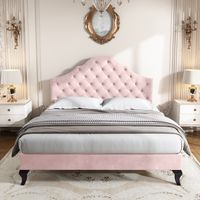 Letto matrimoniale imbottito 140x200 cm con rete a doghe e testiera, velluto rosa