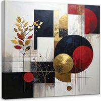 Cuadro en Lienzo, Abstracción de círculos y hojas en beige y rojo, 20x20