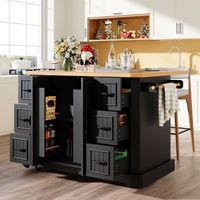 MODFU - Isola cucina su ruote con tavolo bar pieghevole, 2 ante e 6 cassetti, 120x45/75x91 cm, MDF e metallo, nero