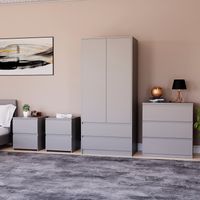 4 Piece Denver Bedroom Set, 2 Drawer Large Bedside Chest x2, 3 Drawer Chest, 2 Door 2 Drawer Wardrobe, Grey