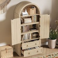 Buffet et Enfilade avec 2 Tiroirs, Portes en Rotin et Crochets Latéraux, Style Vintage, en MDF, Chêne, 80×40×180 cm