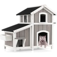 Costway – Maisonnette pour chat extérieur 2 étages – 3 compartiments – Toit en asphalte – Rideaux en PVC – Accès multiple – Dimensions 100 x 64 x 82,5 cm