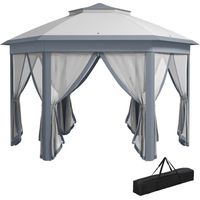 Gazebo Hexagonal Structure Métallique 3x4 m – Avec Rideaux – Abri Jardin Terrasse – Gris