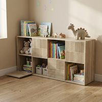 Bibliothèque enfant, 125X30X60cm, meuble de rangement enfant à 8 compartiments avec 4 portes, Étagère Modulaire en Bois, Style Moderne, Chêne Clair