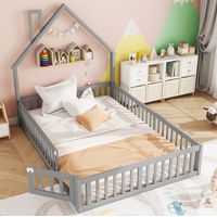 Letto per bambini in legno di pino e MDF grigio 140x190 cm con rete a doghe e sponde di sicurezza