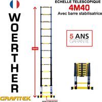 Woerther – Échelle télescopique 4m40 – Aluminium 7175 T6 et graphite – Charge maximale 150 kg – Barre stabilisatrice pour stabilité accrue