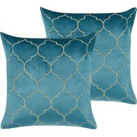 2 Coussins Décoratifs 45 x 45 cm avec Motif Marocain en Velours Bleu et Doré Alyssum