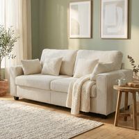 Divano beige a 3 posti con rivestimento in velluto Raindrop, seduta profonda, cuscini in piuma, ampi braccioli e 4 cuscini
