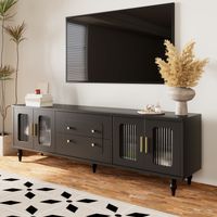 Lowboard, TV-Möbel im Retro-Stil: goldene Griffe, viel Stauraum. Mit Glastür und Beinen aus Massivholz