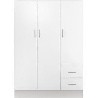 Kleiderschrank mit drei Türen und zwei Schubladen mit Einlegeböden und Kleiderstange, Farbe weiß, Maße 120 x 170 x 50 cm