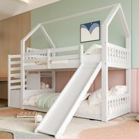 Cama litera cabaña 90x200 cm con escalera de almacenamiento y tobogán, barandilla de seguridad, sin colchón, blanca