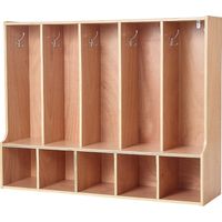 Mophorn Vestiaire ouvert pour 5 enfants, meuble en bois avec penderie, idéal pour crèches, maternelles, garderies et maisons. Comprend des casiers pour manteaux et chaussures ainsi que 10 crochets.