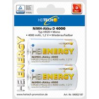 HEITECH Akku Mono D 4000 mAh 1,2V NiMH 2 Stück - Wiederaufladbare Batterien mit geringer Selbstentladung - Akkus für Geräte mit hohem Stromverbrauch 04002187