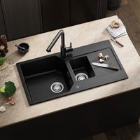 Anycee Max Lavello in granito 86 x 45 cm, lavello da cucina, granito, 1,5 vasche con gocciolatoio e bassa rumorosità, antracite