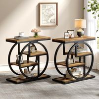 Tribesigns End Table for Living Room, 4-Tier Narrow Side Table with Storage Shelves, Industrial Bedside Table for Bedroom, Wood Small Sofa Side Table with Geometric Metal Frame (2 PC, Rustic Brown)