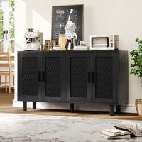 Aparador 140x40x80 cm con puertas de ratán, tiradores de metal negro, patas cilíndricas, diseño de estilo rústico - Negro