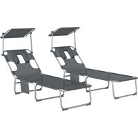 Set de 2 Tumbonas Plegables Reclinables con Dosel 360° Orificio Facial Bolsillo Lateral y Textilene 550 g/m² Gris