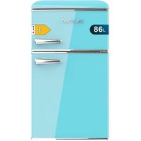 Blauer zweitüriger Mini-Kühlschrank im Retro-Stil mit 89,3 cm Höhe und 48,7 cm Breite, 86 L Fassungsvermögen, Energieklasse E, LED-Innenbeleuchtung und Chromgriff.
